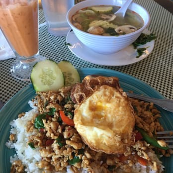 Bhan Baitong - Thai basil with ground chicken and fried egg (pretty good) Plus Tom yum soup (not so good) and delicious Thai tea! - Thai Near Me - Lake Forest, California Bhan Baitong - Thai basil with ground chicken and fried egg (pretty good) Plus Tom yum soup (not so good) and delicious Thai tea! - Thai Near Me - Lake Forest, California