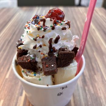 Ice and Fire Ice Cream - The "Birthday Cake" flavor from Ice and Fire, topped with whipped cream, brownie pieces, rainbow sprinkles, and a cherry - Juice Bars & Smoothies Near Me - Milford, Connecticut Ice and Fire Ice Cream - The "Birthday Cake" flavor from Ice and Fire, topped with whipped cream, brownie pieces, rainbow sprinkles, and a cherry - Juice Bars & Smoothies Near Me - Milford, Connecticut