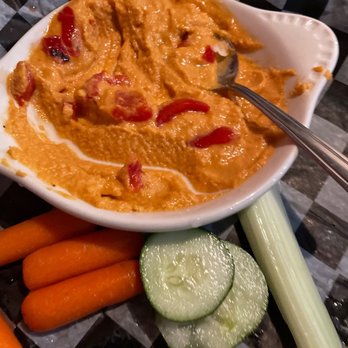 Fisher's Cafe & Pub - Red pepper hummus. With celery, cucumbers, carrots n pita triangles. It's okay. I'd like garlic added for flavor. - Pubs Near Me - Peninsula, Ohio Fisher's Cafe & Pub - Red pepper hummus. With celery, cucumbers, carrots n pita triangles. It's okay. I'd like garlic added for flavor. - Pubs Near Me - Peninsula, Ohio