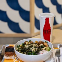 Pokeworks - Poke Your Way Bowl ($17.49), Garlic Spam Musubi ($4.99), Pop Freestyle ($2.99)