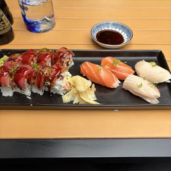 Toro - Tuna togarashi roll, salmon nigiri, and hamachi nigiri. - Sushi Bars Near Me - Carmel, California