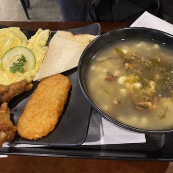 Chan Kee - all day breakfast combo- fried chicken, duck with snow cabbage with macaroni in soup, comes with garlic toast and scrambled eggs. - Breakfast & Brunch Near Me - Diamond Bar, California