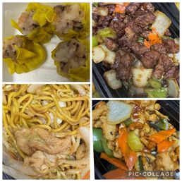 Shui-Mai, Black Pepper Beef, Chicken Chow Mein and Cashew Chicken.