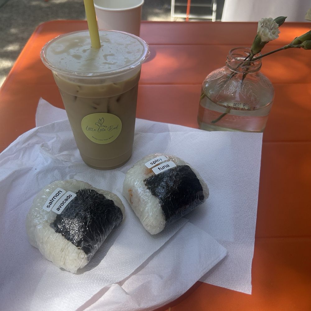 Little Late Bird - Iced Banana Latte with Oat Milk & Onigiri - Breakfast & Brunch Near Me - San Mateo, California