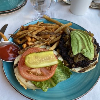 Harvest Kitchen - Classic Avocado Burger with black bean patty and fries - New American Near Me - New York, New York Harvest Kitchen - Classic Avocado Burger with black bean patty and fries - New American Near Me - New York, New York