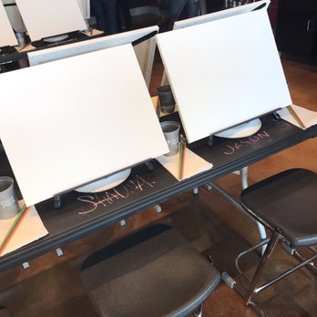 Pinot's Palette - Clean workspace with our spot saved when we came in. Those stools are surprisingly comfortable! - Paint & Sip Near Me - Temecula, California