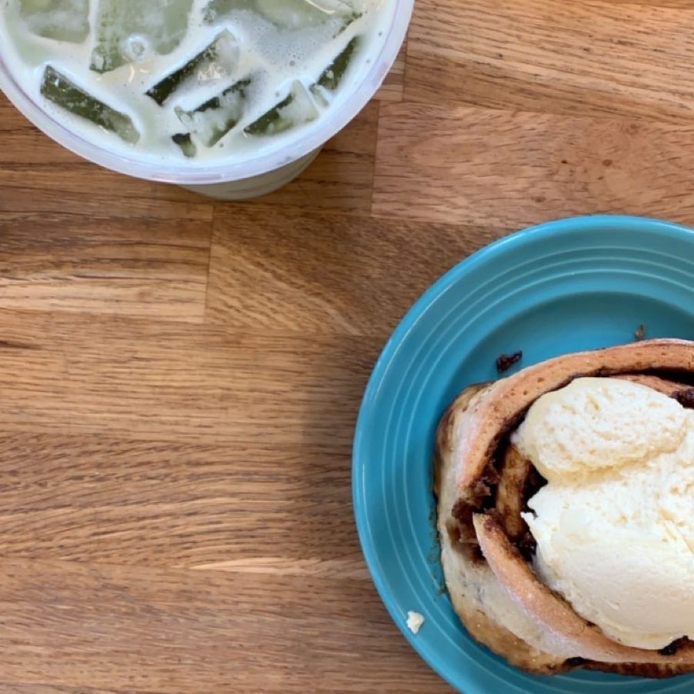 Nectarine Grove - Cinnamon roll and latte 3 - New American Near Me - Encinitas, California Nectarine Grove - Cinnamon roll and latte 3 - New American Near Me - Encinitas, California