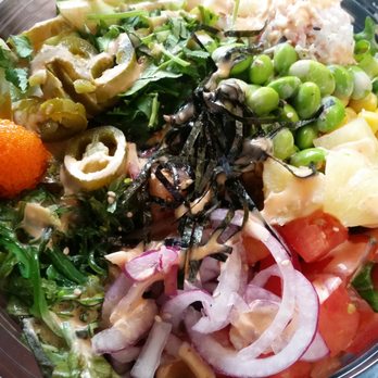 Poki Go - Large, 1/2 brown rice & salad. Salmon, spicy salmon, octopus, shrimp, and albacore with the works - Poke Near Me - Montebello, California Poki Go - Large, 1/2 brown rice & salad. Salmon, spicy salmon, octopus, shrimp, and albacore with the works - Poke Near Me - Montebello, California