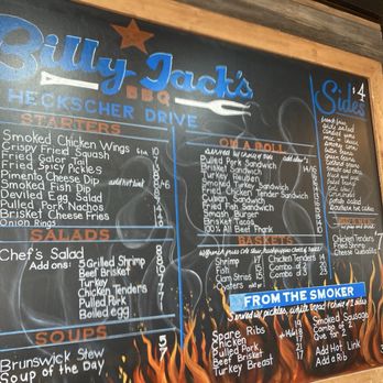 Billy Jacks BBQ - Menu board at the entrance- you order and get a table buzzer. You pick up your drinks at the bar right away, staff brings the food to you - Barbeque Near Me - Jacksonville, Florida Billy Jacks BBQ - Menu board at the entrance- you order and get a table buzzer. You pick up your drinks at the bar right away, staff brings the food to you - Barbeque Near Me - Jacksonville, Florida