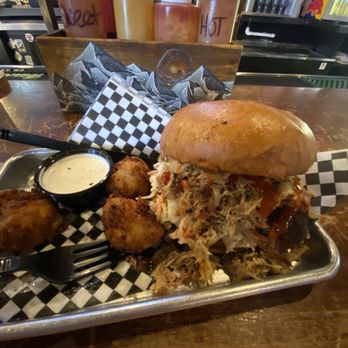 The Old Man Bar - Pulled sandwich with tots (cheese filled) - Barbeque Near Me - Broomfield, Colorado The Old Man Bar - Pulled sandwich with tots (cheese filled) - Barbeque Near Me - Broomfield, Colorado
