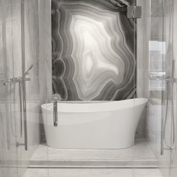 Whitewater Kitchen and Bath - Sydney freestanding tub with Statuary Gray surround with Agata Nero accent wall. - Kitchen & Bath Near Me - Lindon, Utah