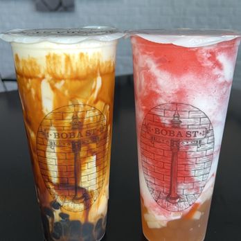 Boba St - Creme brulee brown sugar with brown sugar boba & strawberry swirl with golden boba & fruit jelly - Bubble Tea Near Me - Moreno Valley, California