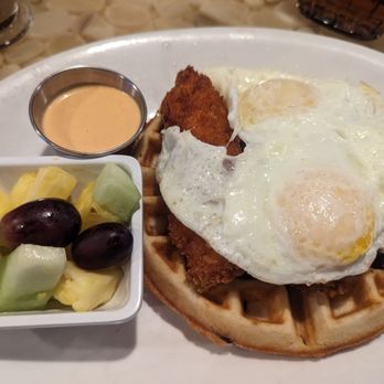 Daily Dose Old Town Bar & Grill - Chicken and waffle - meh - very dry and not much flavor; side fruit seriously unripe. - Breakfast & Brunch Near Me - Scottsdale, Arizona