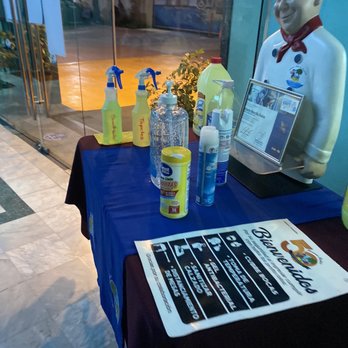 Mariscos Bahia de Ensenada - Covid-19 Safety table at entrance where they do temp checks - Seafood Near Me - Ensenada, BCN