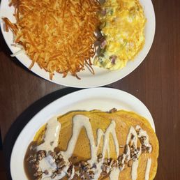 Denver omelet with hash browns and pumpkin pancakes.