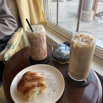 Juny Cafe - Lavender latte, raspberry latte and a croissant. - Cafes Near Me - Austintown, Ohio