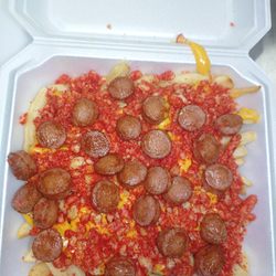 Antojitos El Torito - Beef Franks Loaded Fries with Hot Cheetos and Cheese!