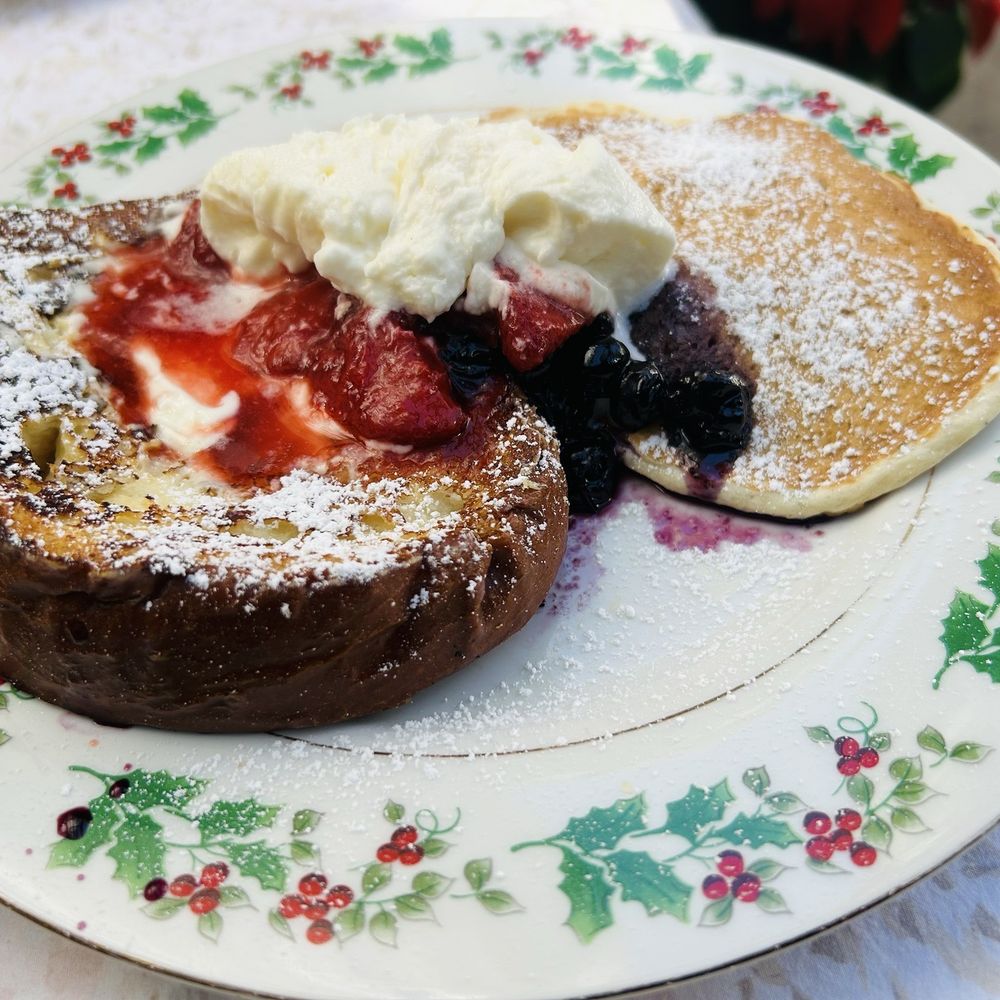 Lady Byrd Cafe - 12/14/25 French Toast & Silver Dollar Pancakes with blueberries & strawberries compote - New American Near Me - Los Angeles, California Lady Byrd Cafe - 12/14/25 French Toast & Silver Dollar Pancakes with blueberries & strawberries compote - New American Near Me - Los Angeles, California
