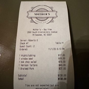 Mother’s - Receipt - New American Near Me - Milwaukee, Wisconsin
