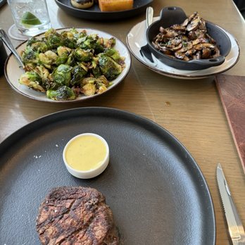 Cut & Bourbon - Filet (medium) and bison filet medium rare with Brussel sprouts and mushrooms - Steakhouses Near Me - Arlington, Texas