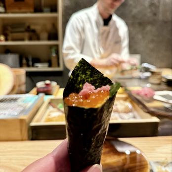 Takai by Kashiba - 06/27/2025: Handroll with Negitoro, Uni, Ikura on Shiso leaf and hand-roasted seaweed. - Sushi Bars Near Me - Bellevue, Washington Takai by Kashiba - 06/27/2025: Handroll with Negitoro, Uni, Ikura on Shiso leaf and hand-roasted seaweed. - Sushi Bars Near Me - Bellevue, Washington