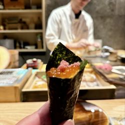 Takai by Kashiba - 06/27/2025: Handroll with Negitoro, Uni, Ikura on Shiso leaf and hand-roasted seaweed.