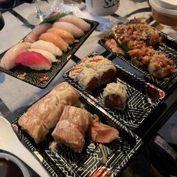 Sushi delux (10pieces sushi and spicy tuna roll) Mr salmon roll Volcano roll Sushi delux (10pieces sushi and spicy tuna roll) Mr salmon roll Volcano roll