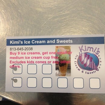 Kimi's Ice Cream - Punch card. Buy 9 ice creams and get one free. Cards are on counter behind tip jar. - Desserts Near Me - Apollo Beach, Florida Kimi's Ice Cream - Punch card. Buy 9 ice creams and get one free. Cards are on counter behind tip jar. - Desserts Near Me - Apollo Beach, Florida