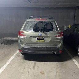 A car that was broken into in the Patent 523 garage.