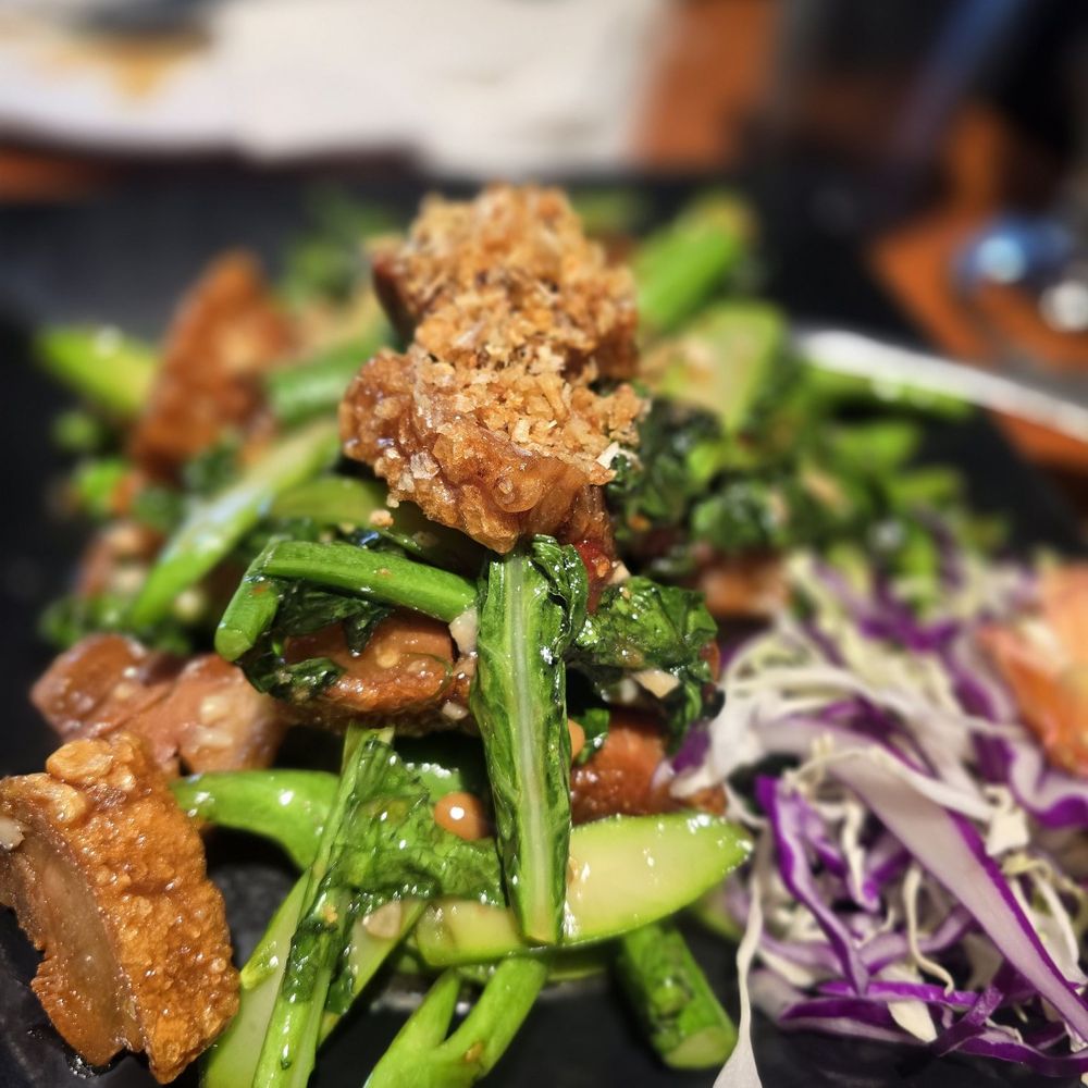Chinese broccoli with crispy pork belly Chinese broccoli with crispy pork belly