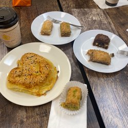 The Golden Horn Turkish Bakery & Cafe - Chicken borek, pistachio baklava, chocolate, walnut and hazelnut baklava