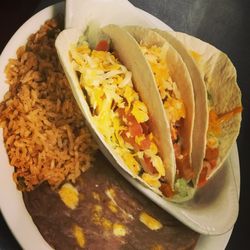 Copper Caboose - 3 Flour Tortilla chicken and beef tacos with rice and beans
