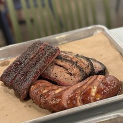 Brisket, sausage, pork ribs
