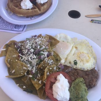 Schooner or Later - Chiliquiles... green sauce..: eggs... heaven... topped off with a fruit Belgian waffle... amazing.. - Sandwiches Near Me - Long Beach, California