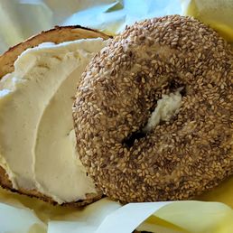 Heavy on the seeded toppings, and on the cream cheese.