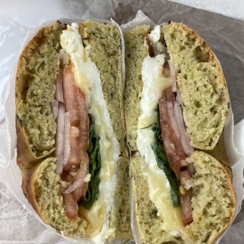 The Bagel Place - Egg white, spinach, tomato, red onion, gouda on a spinach cheddar bagel. - Bagels Near Me - South Burlington, Vermont The Bagel Place - Egg white, spinach, tomato, red onion, gouda on a spinach cheddar bagel. - Bagels Near Me - South Burlington, Vermont