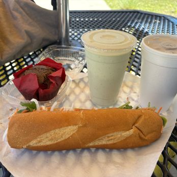 Sandwich House - Pork Banh Mi Sandwich Avocado smoothie Jasmine Tea Blueberry muffin (warm) - Sandwiches Near Me - Cypress, California Sandwich House - Pork Banh Mi Sandwich Avocado smoothie Jasmine Tea Blueberry muffin (warm) - Sandwiches Near Me - Cypress, California