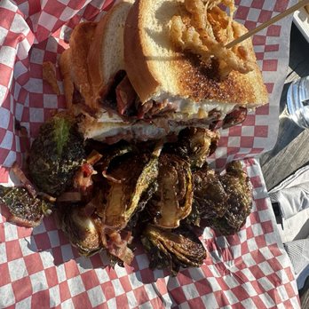 Smoke on the Water BBQ - brisket melt with Brussels sprouts - Barbeque Near Me - Okauchee, Wisconsin