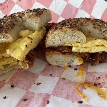 5th Ave Bagelry - Bacon egg and cheese on an onion bagel - Bagels Near Me - Corona, California 5th Ave Bagelry - Bacon egg and cheese on an onion bagel - Bagels Near Me - Corona, California