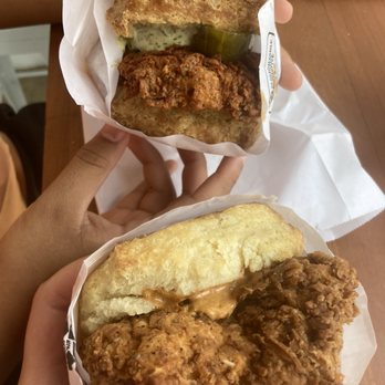 Bird Bird Biscuit - The Chicken Queen Beak Sandwich & a spicy one idk the name. - Breakfast & Brunch Near Me - Austin, Texas Bird Bird Biscuit - The Chicken Queen Beak Sandwich & a spicy one idk the name. - Breakfast & Brunch Near Me - Austin, Texas