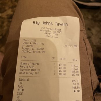 Scotty Doesn’t Know Speakeasy - Receipt - Lounges Near Me - Charleston, South Carolina