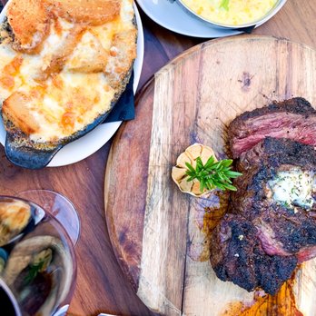Old Brea Chop House - Ribeye Cap, creamed corn and potato au gratin! We ordered cocktails but also brought our own bottle of wine and paid the corkage fee! - Steakhouses Near Me - Brea, California