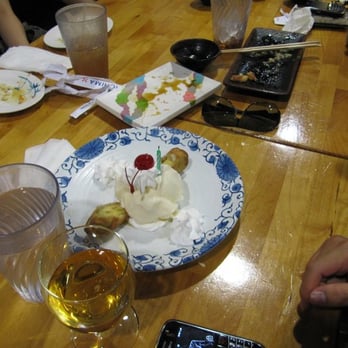 Ichima - Birthday dessert treat, fried banana (I think) with ice cream and whip cream. - Sushi Bars Near Me - Pasadena, California