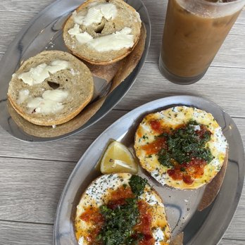 Boil & Bake - Simple Sam & That's My Jam - both on plain. With a cold brew, of course! - Bagels Near Me - Costa Mesa, California