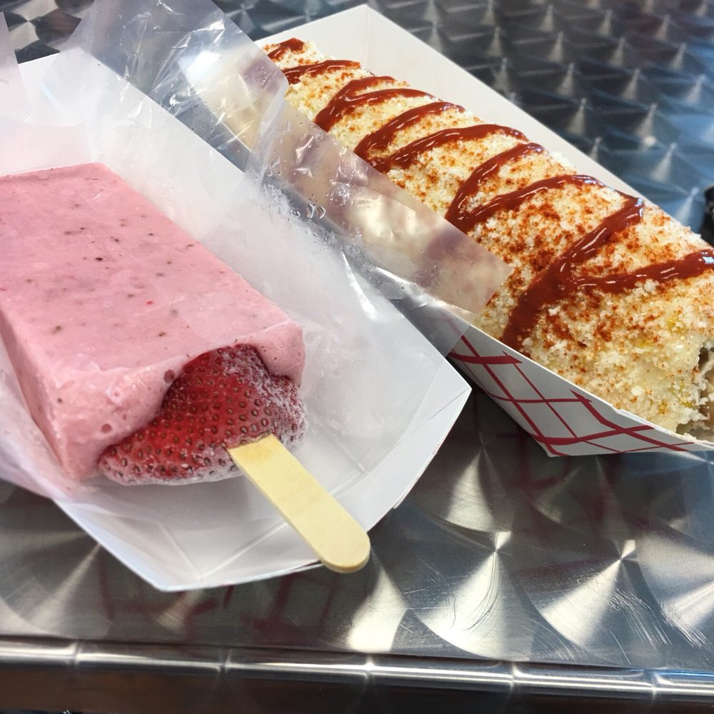 Vida Dulce - Strawberry & Cream paleta (Strawberry and cream milk based popsicle) and an Elote (Mexican street corn) - Ice Cream & Frozen Yogurt Near Me - Cary, North Carolina Vida Dulce - Strawberry & Cream paleta (Strawberry and cream milk based popsicle) and an Elote (Mexican street corn) - Ice Cream & Frozen Yogurt Near Me - Cary, North Carolina