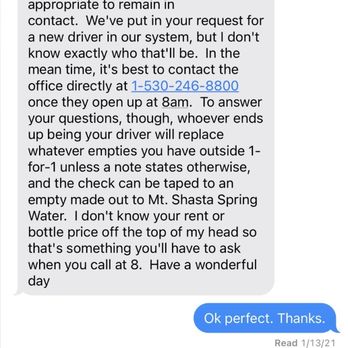 Mt Shasta Spring Water - Screenshot of messages - Water Delivery Near Me - Redding, California