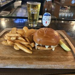 Cheese burger fries and domestic beer. $12.00. Special
