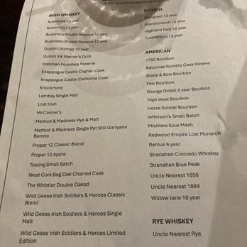The Auld Dubliner - Whiskey Half Price Menu Sample - Irish Near Me - Long Beach, California