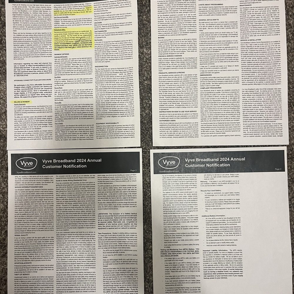 Vyve Broadband - Sneaky One-Sided Billing Policy they don't include on monthly billing statement, but have it hidden/all caps ready to get you! - Telecommunications Near Me - Ft Riley, Kansas