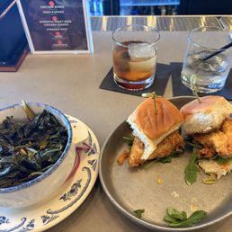 Crispy Chicken Sliders Braised Southern Greens Brown Butter Old Fashioned